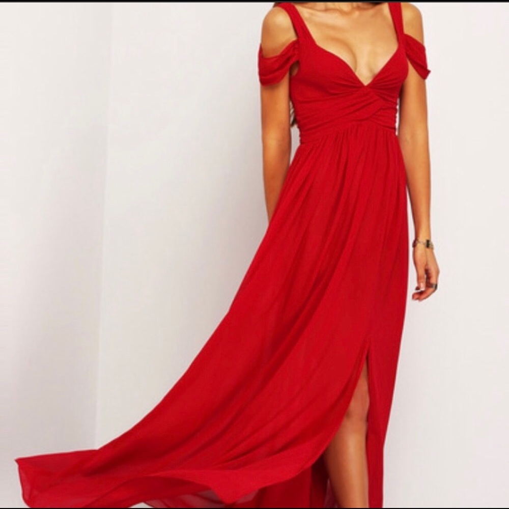 Red holiday party dress long open shoulder